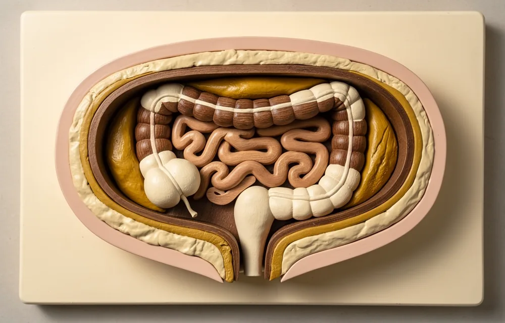 A layered abdominal teaching model with fat around internal organs