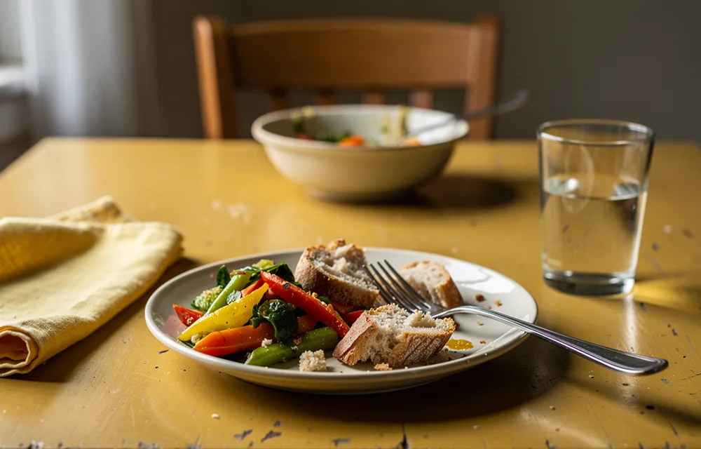 A plate, serving bowl and water glass on an ochre kitchen table
