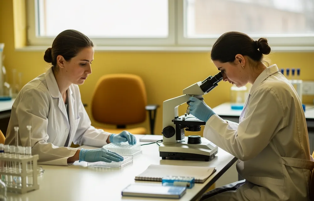 Two laboratory technicians working with culture dishes beside a microscope