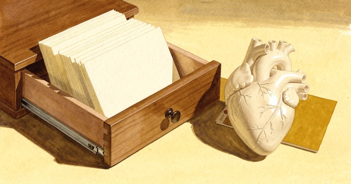 An anatomical heart model beside an open wooden drawer of blank index cards